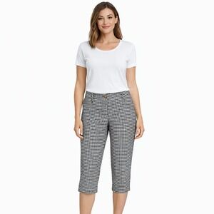 J JILL Size Medium Linen Stretch Black & White Gingham Check Preppy Crop Pants‎